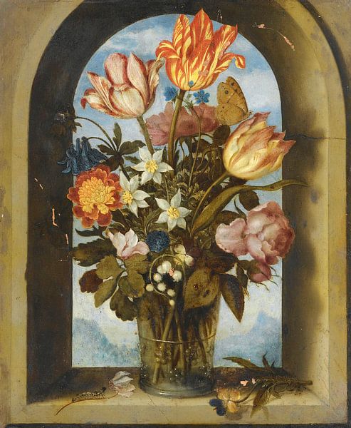 Ein Stillleben aus Tulpen, Moosrosen, Maiglöckchen und anderen Blumen, Ambrosius Bosschaert. von Meisterhafte Meister