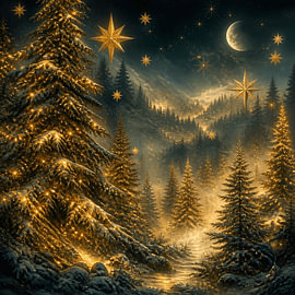 Enchanted Winter Forest Under a Golden Moon by SM Studios