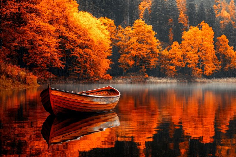 Autumn tranquillity on the lake with boat by Poster Art Shop
