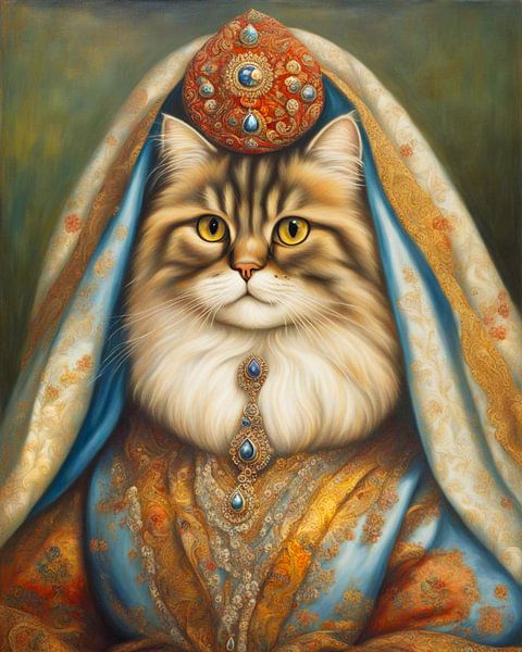 Fantasy Persian cat also called the Persian cat in Traditional Persian clothing and jewellery-2 by Carina Dumais