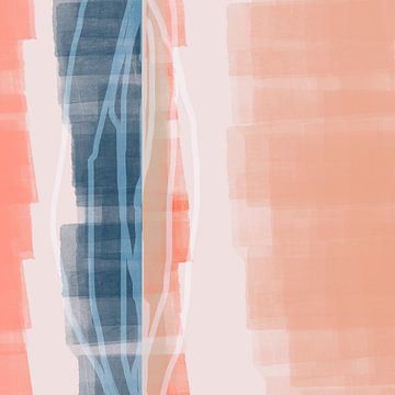 Moderne abstracte kunst in pastelkleuren.  Koraalroze, blauw, wit. van Dina Dankers
