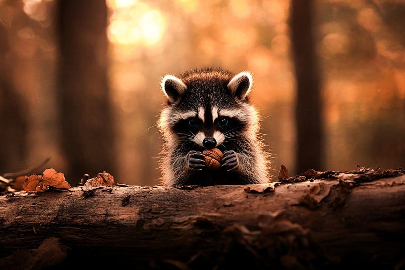 Cute raccoon in autumn forest by Art & Soul Creations