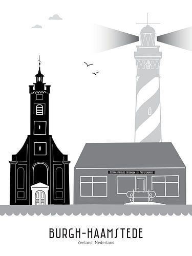 Skyline illustratie Burgh-Haamstede in zwart-wit-grijs