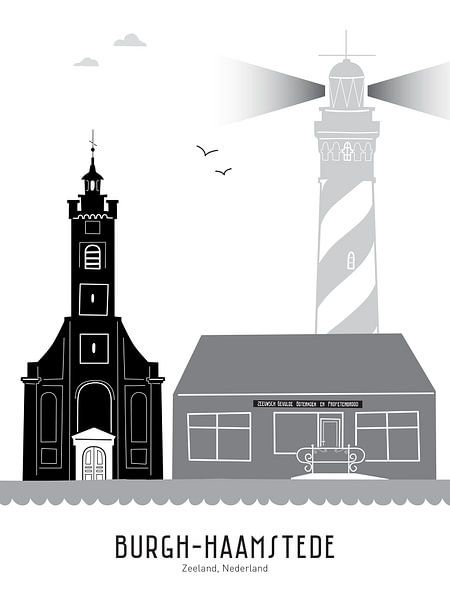 Illustration de la ligne d'horizon Burgh-Haamstede en noir et blanc-gris par Mevrouw Emmer