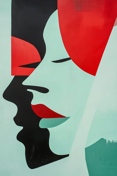 Vrouwenportret in Grafische Abstractie met Rood en Zwart van Eva Lee