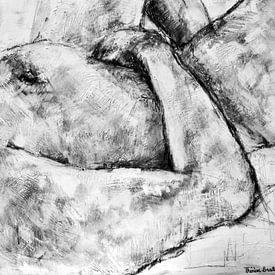 Painting of a lying naked man in black and white. by Therese Brals