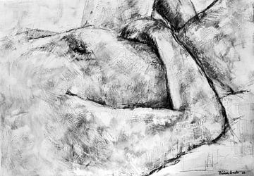 Peinture d'un homme nu allongé en noir et blanc.
