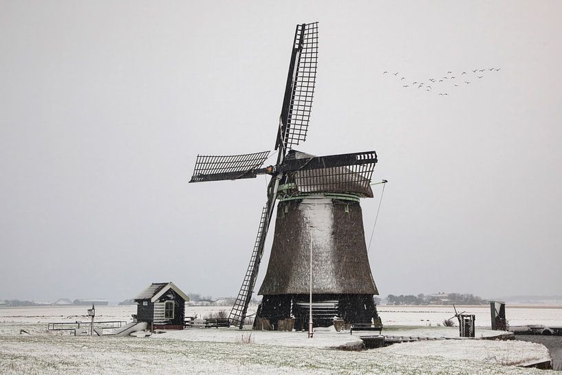 Dutch windmill in a winter landscape by eric van der eijk