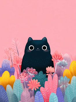 Chat noir entouré de fleurs et de feuilles colorées
