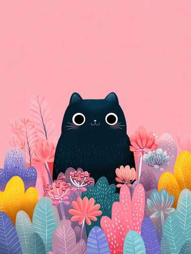 Black cat surrounded by colorful flowers and leaves