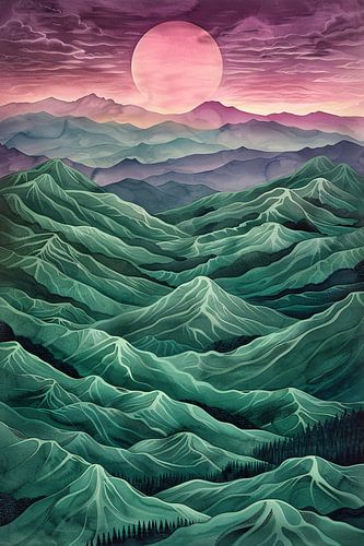 Surrealistisch landschap met bergen en zon