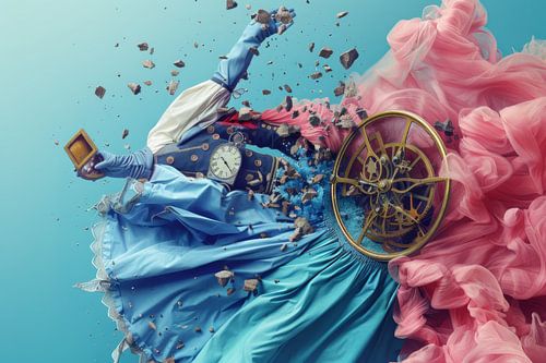 Tijdloze Explosie – Surrealistische Kunst met Klok en  Jurk