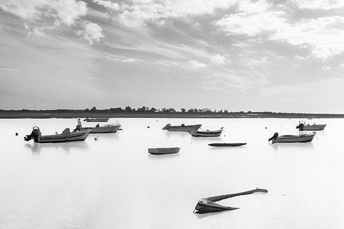 Boten voor de kust van Santa Luzia (Algarve, Portugal, zwart-wit)