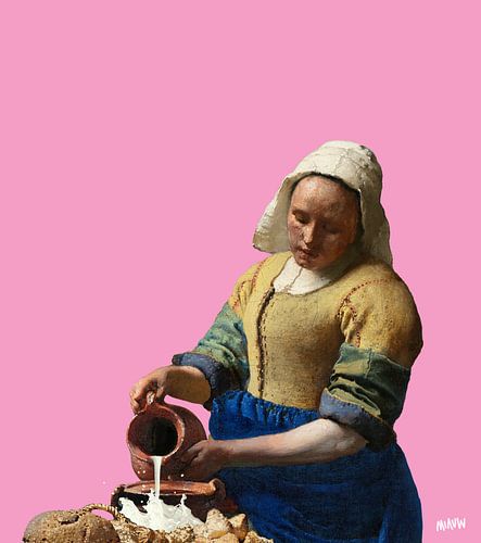Vermeer Melkmeisje als Melkmorsmeisje popart roze