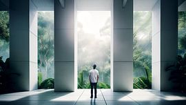 Panorama with man, walkway and jungle