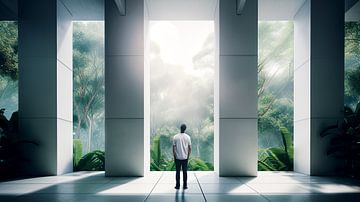 Panorama avec un homme, une passerelle et la jungle sur Vlindertuin Art