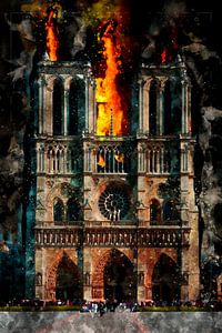 Notre Dame on fire, watercolour, Paris by Theodor Decker