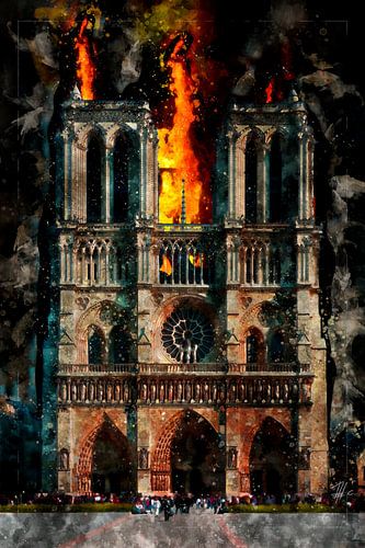 Notre Dame in brand, aquarel, Parijs