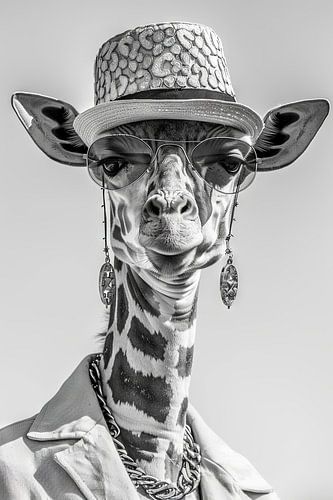 Giraffe with hat and glasses in a stylish black and white portrait