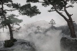 Digital painting of an Asian landscape of misty hills and mountains by Besa Art