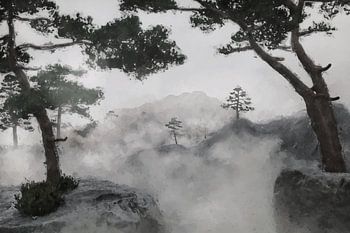 Digitaal schilderij van een Aziatisch landschap van mistige heuvels en bergen