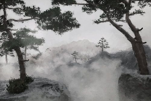 Digitaal schilderij van een Aziatisch landschap van mistige heuvels en bergen