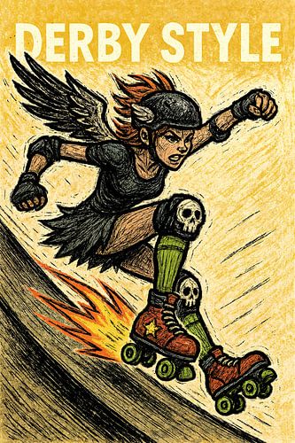 Derby Style Valkyrie (vleugels, vuur, snelheid, kracht, stoere vrouw, doodshoofden, quad-rolschaatsen, helm, poster)