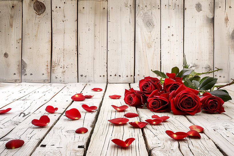 Red roses love on rustic wooden background by Art & Soul Creations