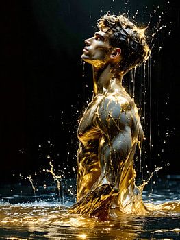 Erotische Kunst – Nackter Mann duscht im Regen aus flüssigem Gold – Der in Strahlkraft getauchte Körper zwischen Hingabe, Verwandlung und leiser Erotik
