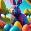 Lapin de Pâques avec des œufs de Pâques colorés dans l'herbe avec des bouleaux sur Jörg B. Schubert