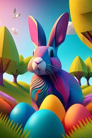 Easter bunny with colourful Easter eggs in the grass with birch trees by Jörg B. Schubert