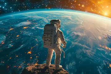 Un astronaute se tient sur une falaise dans l'espace et regarde la Terre sur Animaflora PicsStock