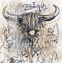 Modern rural painting of a Scottish highlander bull by Emiel de Lange thumbnail
