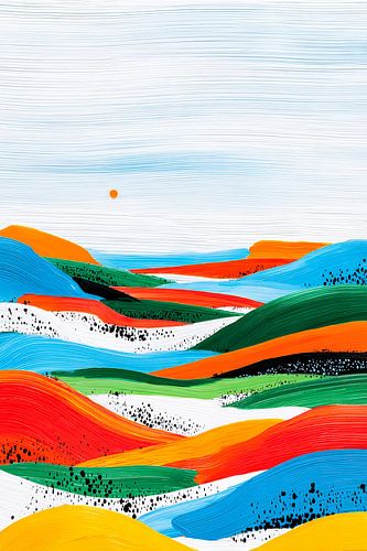 Paysage vallonné abstrait aux couleurs vives sous un ciel clair