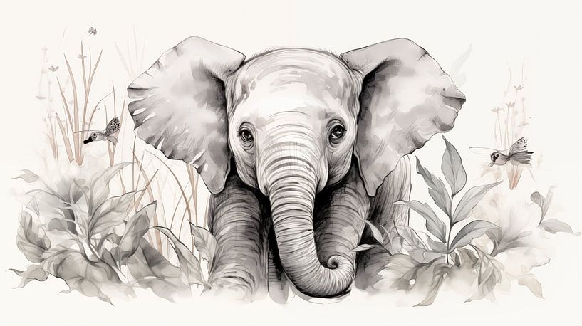 jeune dessin mignon d'éléphant, dessin au crayon d'éléphant dans le style vintage par Animaflora PicsStock