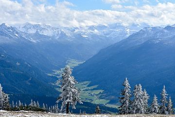Het uitzicht op een adembenemend bergpanorama en een vallei in Oostenrijk van David Esser