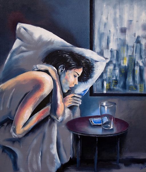 "Online" - vrouwelijk naakt in bed met glas en telefoon par David Berkhoff
