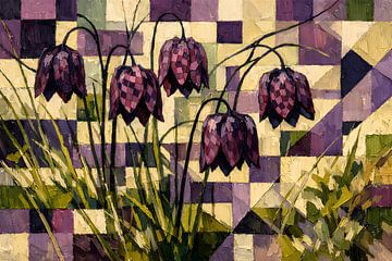 Anspruchsvolles Ölgemälde mit violettem Fritillaria-Mosaik – elegante Wanddekoration mit Blumenmotiv von coretan tangan