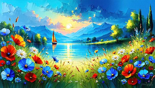 Zeilboot in het licht van het blauwe uur - een stille tocht over bloemenweiden, zeilpaden en het diepe blauw van de bergen