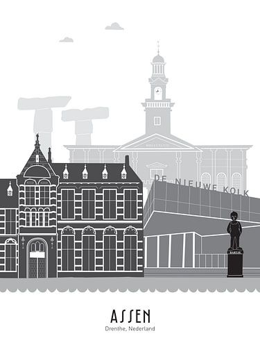 Skyline illustratie Assen in zwart-wit-grijs