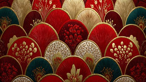 Weelderig Rood & Stempel; Gouden Art Deco Jacobsschelpen