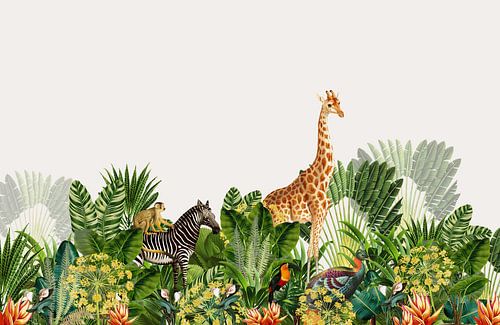 Botanische prent jungle met giraffe en zebra