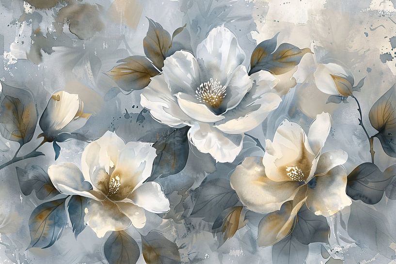 Abstracte Monochrome Bloemen met Gouden Accenten van Art & Soul Creations
