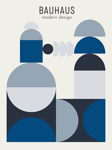 Bauhaus Beauty in Blue – Modern Abstract Kunstwerk in 3 Blauwtinten