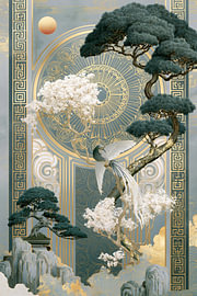 Japanischer Bonsai und Blüten mit goldenen Verzierungen von Digitale Schilderijen