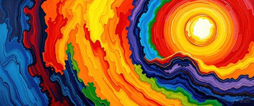 Zonnekracht geboren in licht - een abstracte zon in het kleurenwiel van de regenboog als symbool van oorsprong, verandering en innerlijke uitstraling