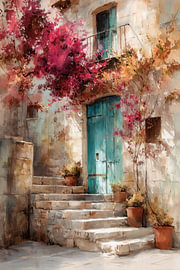 Mediterrane Treppe – Lebhaftes Rosa und Türkis von Peter Pen Zeichnungen und Gemälde