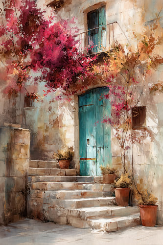 Mediterranean Staircase – Vibrant Pink and Turquoise