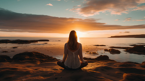 Une femme fait du yoga sur la plage dans un tableau représentant un paysage marin serein, dans un style tonaliste