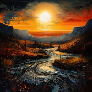 River at a sunset oil painting